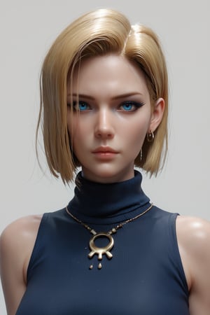 score_9, score_8_up, score_7_up, 1girl, solo, looking at viewer, short hair, blue eyes, blonde hair, simple background, jewelry, closed mouth, earrings, sleeveless, hair over one eye, sweater, lips, makeup, turtleneck, portrait, realistic, nose, android 18