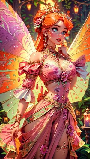 (Fairy),((Full body:1.5)),contrapposto,(Masterpiece,high definition, best quality, superior quality, intricate details, beautiful aesthetic:1.2),high quality, 8k, raw, ultra details, extremely detailed and beautiful,{Red dress}:1.5), female, {turquoise blue eye color},{crystal clear eyes},{orange hair color}, {pink lips},{background forest Magic}
,(masterpiece, best quality:1.2),ornaments
,Halloween,halloween pumpkin,cobweb, spiders, skull candles Halloween