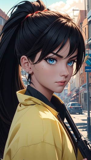 (best quality:1.4), (highres:1.4), (high_resolution:1.4), (masterpiece:1.4), sidelighting, cinematic lighting, detailed lighting, volumetric lighting, super detail, hyper detail, intricate_details, ligne_claire, perpect face,

(1girl:1.4), complex background, (graphite_theme:1.2), bishoujo, streets background

evil_face, multicolor_hair, eye_shadow, eyeliner, mascara, spiral_eyes, closed_mouth, ear-piercing, shoulder-length_hair, pony_tail, techwear, dirty windbreaker, big_boobies, pale_skin, holding_gun, niji, portrait,