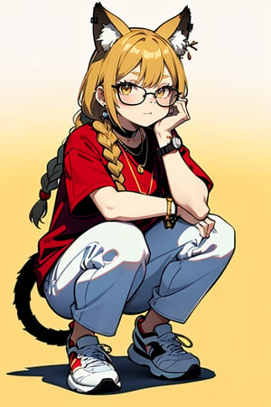 Masterpiece,best quality, ultra detail,jewelry, yellow background, ring, braid, shoes, 1girl, squatting, shirt, solo, wristwatch, watch, furry, tail, sneakers, long hair, simple background, sunglasses, twin braids, animal ears, socks, necklace, full body, short sleeves, yellow-framed eyewear, fingernails, red shirt, whiskers, glasses, white footwear, pants, earrings, piercing, furry female, bracelet, looking at viewer, shadow