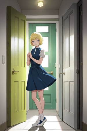 1girl, solo, smile, short hair, blonde hair, dress, closed mouth, standing, shoes, indoors, white footwear, own hands together, door