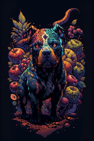 cute00d, tempera (medium), Pitbull dig, fruit background, ,tshee00d, vector art,fantasy00d