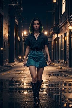 1girl, solo, (long hair, black hair, green eyes:1.3), (next level streetwear, black cargo skirt, belts, black boots, necklace), glitter, black, realistic style, 8k, exposure blend, (tomboy, big breast, slim, angry:1.1), (fighting pose), (full body), (fantasy clothes:1.2), (wind:1.3), dark of night, (aesthetic background),(masterpiece:1.2), (best quality, highest quality), (ultra detailed), (8k, 4k, intricate),(full-body-shot), (50mm), (highly detailed:1.2),(detailed face:1.2), detailed_eyes,(gradients),(ambient light:1.3) center subject, (cinematic composition:1.3),(HDR:1),Accent Lighting,extremely detailed,original, highres,(perfect_anatomy:1.2), (ray tracing),dark studio,	 SILHOUETTE LIGHT PARTICLES,fantasy_world, (((night)))