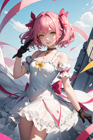 (best quality),(masterpiece),(ultra detailed),(highres),production art,1girl, ultimate madoka, solo, kaname madoka, pink hair, long hair, yellow eyes, gloves, two side up, ribbon, magical girl, bow, choker, hair bow, smile, hair ribbon, ,Tae Takemi