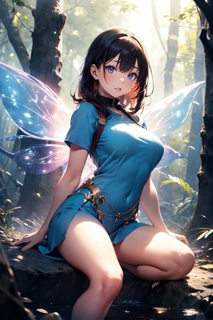 Generates a high quality image, masterpiece, extreme details, ultra definition, extreme realism, high quality lighting, 16k UHD, a fairy, big breasts, beautiful wings, slim body, short light blue tunic, sitting on a rock, enchanted forest , sexy pose, light 