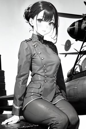 (super detailed), (beautiful background, detailed background),1girl, (Chignon Hair) ,small breasts, monochrome, greyscale, female focus, (military general uniform), sitting, war,manly,holding , light ,WW, aviation ,Uniform