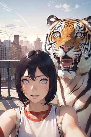 a little Asian girl with a selfie stick, taking a selfie with an roaring tiger behind her, create it in a style ultrarealistic IMAX, Cinematic 24k, UHD-HDR 3D render, hyperrealism
,hinata_boruto,Masterpiece