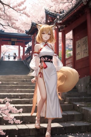 masterpiece, best quality, 1girl, yellow eyes, medium hair, stairs, cherry blossoms, temple, fox girl, detached sleeves, animal ears, happy, arms behind back,