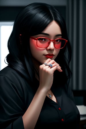 A black-haired woman wearing red glasses with a dark and mysterious style reminiscent of anime.   This digital painting is inspired by aesthetic images from the anime art style.   She has a silver ring on her finger and is depicted in a medium close-up portrait against the backdrop of a dark room, with sharp focus on her features in a very realistic style.   The scene depicts her in the shadows of a room in studio light.