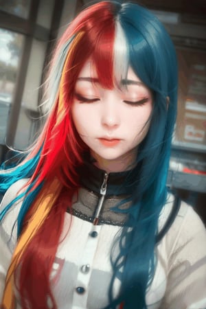 1girl, half colors, red hair, blue hair, Open and close your eyes ,Half Color,It is blinking, Wind in her hair