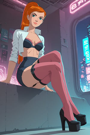 score_9, score_8_up, score_7_up, source_cartoon ,jkj,1girl,Gwenalienforce,green eyes, solo, ponytail, orange hair,Black eyebrows, crossed legs,toothy smile 
Break 
highly detailed, best quality, masterpiece, multiple layers,wide angle, full-body shot, full body portrait, ginger hair, very long hair, wide hips, thick thighs, parody, microskirt. very short pencil skirt, fetish platform heels, goth girl, goth, garters straps,    , skirt, miniskirt, microskirt, thighhighs, panties, bra, lingerie, shirt, tears,beautiful neon city, cyberpunk background city,cyberpunk city view out of the window,neon light,cramped bedroom