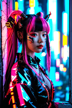 score_9, score_8_up, score_7_up, source_cartoon,jzj, She has long pink twintails and parted bangs. forehead, She is wearing a red and black gothic dress. She has oni horns. The background includes a cyberpunk cityscape visible through a cracked window. Neon glows and deep shadows. Created Using, cyberpunk style, high contrast, vibrant neon colors, sleek design,