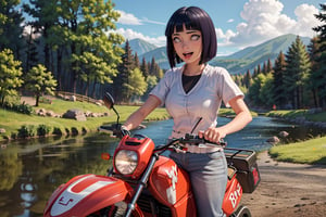 ((cinematic scenic view of 1 girl, wearing a driving in a off road motorcycle)), very windy, 3D, depth of field, motion blur, dirt road racing in a forest crossing a stream, dusty, reflections, water splash, smile open mouth, eye contact viewer, 
hinata_boruto, 1girl,short hair, solo, purple hair, bob cut, bangs, blunt bangs, looking at viewer, large breasts,hinata_boruto