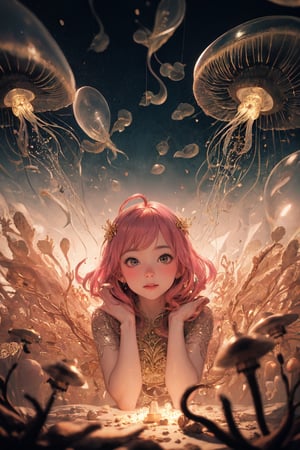 Front light,(front lighting:2).photo RAW,(Black and pink Portrait of a ghostly jellyfish , shiny aura , highly detailed , gold filigree , intricate motifs , organic tracery, by Android jones, Januz Miralles, Hikari Shimoda, glowing stardust by W. Zelmer ,perfect composition , smooth , sharp focus , sparkling particles , lively coral reef background Realistic, realism, hd, 35mm photograph, 8k), masterpiece, award winning photography, natural light, perfect composition, high detail, hyper realistic