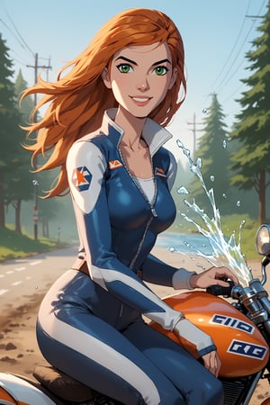 score_9, score_8_up, score_7_up, source_cartoon ,jkj,1girl,Gwenalienforce,green eyes, solo, long hair, orange hair,Black eyebrows, crossed legs,toothy smile 
Break 
cinematic panoramic view, taking a ride on an all-terrain motorcycle, very windy, depth of field, dirt road racing in a forest crossing a stream, dusty, reflections, water splashes, open-mouth smile, eye contact viewer