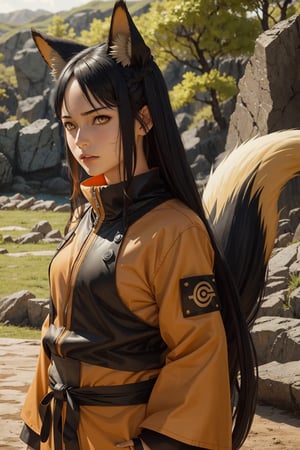 1girl,long hair,black hair,orange_eyes,have fox ears, ,Fantasy ,Naruto uzumaki 