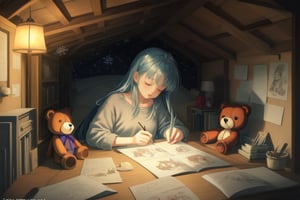 A heartwarming and nostalgic illustration of an anime girl studying in a cozy attic room, a vintage lamp casting a warm glow, old family photos pinned to the walls, a worn-out teddy bear as her study companion, outside, gentle snowflakes gently falling, creating a sense of comfort and tranquility, Illustration, pastel drawing on canvas, --ar 16:9 --v 5