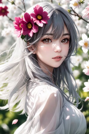 (front lighting:1.5),(masterpiece, high resolution, realistic portrait:1.3), an anime woman with an ethereal presence, portraying a serene sisterly figure, (long silver-white hair:1.2), cascading down her back, (light pink lips:1.1), gentle and calm, bangs elegantly framing her face, (gray pupils:1.4), radiating a sense of wisdom, standing in a cold wind, (realistic portrayal:1.1), delicate petals dancing in the air, (flower background:1.2), adding a touch of beauty and fragility, (calm and rational expression:1.1), portraying her composed nature, (delicate and serene face:1.2), capturing her tranquility, mid-shot focusing on her delicate features, (subtle wind-blown strands of hair:1.1), (background music:1.2), evoking a sense of calmness and introspective, 