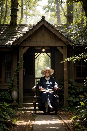 A serene elderly woman sits on a weathered chair amidst the tranquility of a forest, surrounded by towering trees. She wears a crisp white shirt and black pants, her silver hair styled in a short, neat cut. A worn hat rests gently in her hands, its brim framing her gentle features. Her facial hair is neatly trimmed, adding to her wise and weathered appearance. The soft morning light filters through the foliage, casting dappled shadows on her wrinkled skin as she holds the unworn headwear, a poignant symbol of life's passing moments.