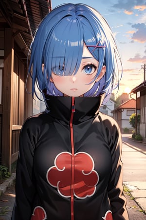 anime, hdr, soft light, ((best quality)), ((masterpiece)), (detailed),  rem_\(re_zero\), hair over one eye, x hair ornament, (akatsuki outfit:1.1), looking at viewer, upper body, village, sunset, nature, ,akatsuki outfit