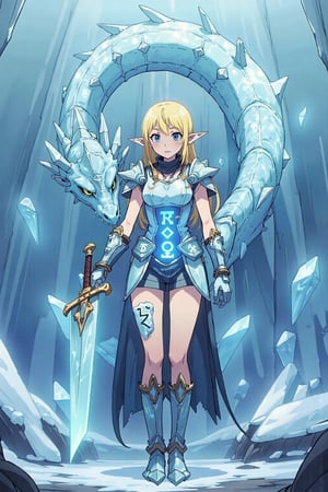 Cowboy shot, break ,Tuka_Luna ,woman ,blonde hair, solo, blue eyes, long hair, pointy ears, elf, Break, 
A woman surrounded by a majestic ice dragon. Her body is covered with ice armor that is organically formed, and she holds an ice sword in her hand. On its stomach, blue runes glow that seem to have magical power. The scene is a mix of fantasy and action, with a "cowboy shot" style that emphasizes the girl's heroics. The ice dragon in the background adds a touch of drama and danger to the image
