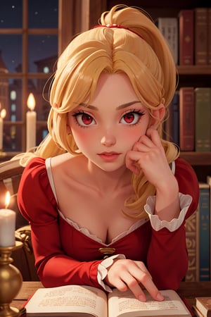 1girl, solo,blonde hair, long hair, high ponytail, hair intakes,red eyes, long eyelashes, thick eyelashes, looking at viewer,red dress, juliet sleeves, long sleeves, collarbone,indoors, library, books, (renaissance, vintage:1.2), dark, night, candlelight,His hand resting on her cheek with his perfect hand with five fingers