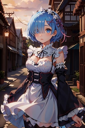 anime, hdr, soft light, ((best quality)), ((masterpiece)), (detailed),  rem_\(re_zero\), hair over one eye, x hair ornament, (akatsuki outfit:1.1), looking at viewer, upper body, village, sunset, nature,aarem, short hair, maid headdress, x hair ornament, hair ribbon, single horn, glowing horns, hair over one eye, large breasts, frills, neck ribbon, cleavage, dress, detached sleeves, white apron, waist apron, white pantyhose,CarnageStyle