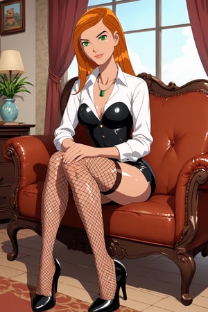 score_9, score_8_up, score_7_up, source_anime,jkj,1girl,Gwenalienforce,green eyes, solo,long hair, orange hair,Black eyebrows, toothy smile 
break 
Shiny skin, glossy skin, detailed skin, shiny, glossy hair, cowboy photo, day
break
A young woman is sitting in a brown leather armchair, wearing fishnet stockings and high heels. She wears a necklace of a green cross in her right hand and a teddy bear in her left. The teddy bear is placed behind her, suggesting a sense of companionship. The scene is on a background that is a room with a bed barely visible also bookcases and a large window that shows a beautiful sky.