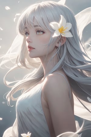 (masterpiece, high resolution, realistic portrait:1.3), an anime woman with an ethereal presence, portraying a serene sisterly figure, (long silver-white hair:1.2), cascading down her back, (light pink lips:1.1), gentle and calm, bangs elegantly framing her face, (gray pupils:1.4), radiating a sense of wisdom, standing in a cold wind, (realistic portrayal:1.1), delicate petals dancing in the air, (flower background:1.2), adding a touch of beauty and fragility, (calm and rational expression:1.1), portraying her composed nature, (delicate and serene face:1.2), capturing her tranquility, mid-shot focusing on her delicate features, (subtle wind-blown strands of hair:1.1), (background music:1.2), evoking a sense of calmness and introspection,(woman front lighting sun),(view sun)