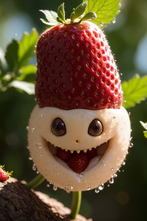 very cute appealing anthropomorphic strawberry,looking at the viewer,big grin,happy,fruit,berry,droplets,macro,sunlight,fantasy art,dynamic composition,dramatic lighting,epic realistic,award winning illustration, 3d render, cgi, symetrical, octane render, 35mm, bokeh, (intricate details:1.12), hdr, (intricate details, hyperdetailed:1.15)