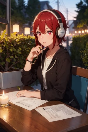 a girl sitting at her desk alone studying, headphones on in a darkened room, lit by candles, tomo aizawa, short hair, (red eyes:1.3), hair between eyes, red hair, background forest, fairy scene, water ,tomo aizawa