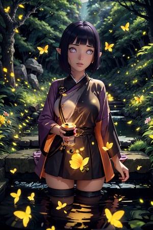 Masterpiece, best quality, (very detailed CG unified 8k wallpaper), (best quality), (best illustration), (best shadow), glowing elf with a glowing deer, drinking water in the pool, natural elements in forest theme. Mysterious forest, beautiful forest, nature, surrounded by flowers, delicate leaves and branches surrounded by fireflies (natural elements), (jungle theme), (leaves), (branches), (fireflies), (particle effects) and other 3D, Octane rendering, ray tracing, super detailed --v6, deer, 
hinata_boruto, 1girl,short hair, solo, purple hair, bob cut, bangs, blunt bangs, looking at viewer, large breasts,hinata_boruto,firefliesfireflies