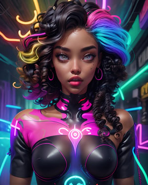 1 girl, full body, symmetrical face, perfect brown eyes, smoke, sparks, (female hair made of fine multicolored neon curls:1.5), (long thin hair made of multicolored neon strands flowing down the body), smoky skin, realism, (in a colorful candy world:1.2), in an absurd manga context, ultra high resolution, 8k, HDr, art, high detail, , art