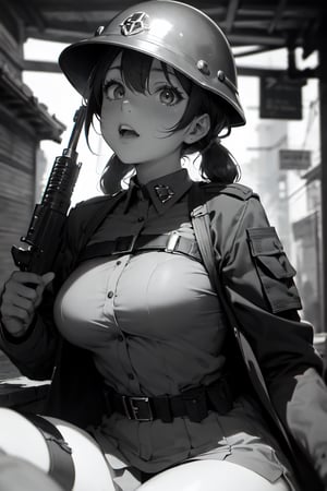 (super detailed), (beautiful background, detailed background),1girl, breasts, monochrome, greyscale, soldier, gun, uniform, helmet, military, female focus, military uniform, sitting, war,manly,holding, bayonet, army, holding weapon