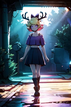 (extremely detailed fine touch:1.2) , masterpiece, best quality, highly quality, (cinematic lighting, dramatic lighting, epic lighting, light rays, ray tracing:1.2)
BREAK, 
wendi, 1girl, solo, alone, short hair, yellow hair, gradient hair, antlers on head, purple bow on head, purple eyes, :), smile, closed mouth, crop top, magenta shirt, off-shoulder_shirt, magenta skirt, long stockings, strip stockings, black boots, standing, arms_at_sides, walking, full body, dynamic angle, 
BREAK, 
outdoor, park, trees, sunny day, blue sky, complex_background, detailed background,Fantasy ,tilt-shift