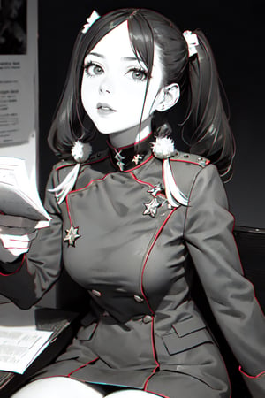 (super detailed), (beautiful background, detailed background),1girl, (Pigtails Hair) ,small breasts, monochrome, greyscale, female focus, (military general uniform), sitting, war,manly,holding , light ,WW,Uniform