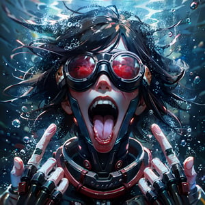 (super detailed), (beautiful background, detailed background),create it in a style ultrarealistic IMAX, Cinematic 24k, UHD-HDR 3D render, solo, 1girl, black hair, open mouth, realistic, 1boy, underwater, male focus, goggles, tongue, teeth, air bubble, looking at viewer, bubble, gloves, water, helmet, blood, traditional media, science fiction, abstract, long hair, short hair, shirt, tongue out, robot, upper body, painting \(medium\)