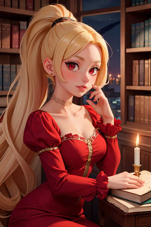 1girl, solo,blonde hair, long hair, high ponytail, hair intakes,red eyes, long eyelashes, thick eyelashes, looking at viewer,red dress, juliet sleeves, long sleeves, collarbone,indoors, library, books, (renaissance, vintage:1.2), dark, night, candlelight,His hand resting on her cheek with his perfect hand with five fingers