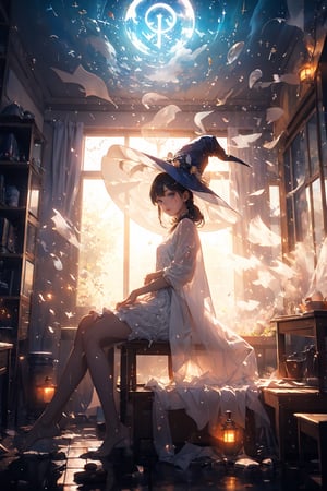 (super detailed), (beautiful background, detailed background),a girl sitting under an umbrella in the rain, pixiv contest winner, conceptual art, witch runes in the deep forest, with big rabbit ears, blue witch hat, ƒ/5.6,High detailed ,More Exposure,Her face and body seem illuminated from within, radiating an exceptional luminosity and a singular purity. Her skin seems to glow with a soft, warm light, without the presence of any dark marks or shadows that might cloud her natural beauty. Every feature of her face reflects an incomparable peace and serenity, as if bathed in a heavenly light that envelops her in an aura of tranquility and harmony. His presence radiates a sense of cleanliness and clarity, as if he were free of any weight or worry, manifesting himself as a luminous and radiant being in his totality.,perfect light,dream like