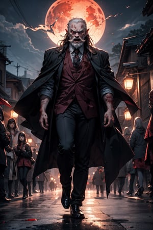 One old man , dracula , vampire face , pointy-ears , "beard long" , black hair , long_hair , scar on left eye , paleskin , big_muscle , angry face , "flesh_fang" , full_body , blood moon , walking