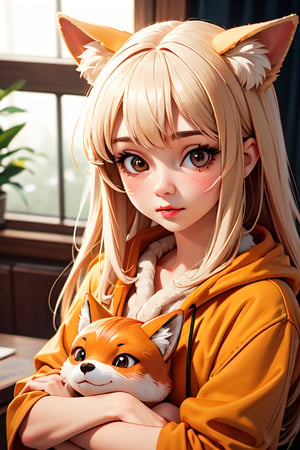 1girl, caucasian, adult, indoors, colorful, cute fox costume, ultra realistic, best quality, ultra detailed, average girl, upper body, closeup,More Detail