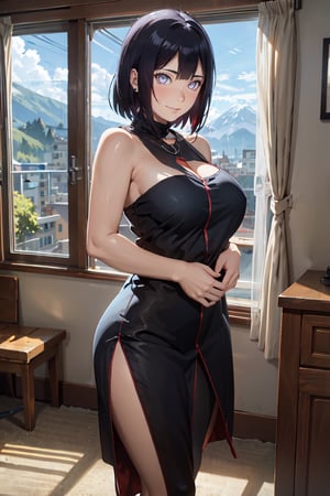 (super detailed), (beautiful background, detailed background),1girl, selfie, breasts, solo, phone, cellphone, holding phone, mirror, large breasts, holding, reflection, smartphone, jewelry, smile, female pubic hair, pubic hair, necklace, bathroom, black hair, indoors, one eye closed, standing,bzsplit, strapless dress, bare shoulders, light brown dress, side slit,side slit,cloud, mountain, shirt, closed mouth, dark skin, light,nature,akatsuki outfit,Hinata_boruto, short hair, purple hair, blunt bangs, large breasts