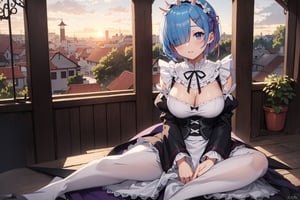 anime, hdr, soft light, ((best quality)), ((masterpiece)), (detailed),  rem_\(re_zero\), hair over one eye, x hair ornament, (akatsuki outfit:1.1), looking at viewer, upper body, village, sunset, nature,aarem, short hair, maid headdress, x hair ornament, hair ribbon, single horn, glowing horns, hair over one eye, large breasts, frills, neck ribbon, cleavage, dress, detached sleeves, white apron, waist apron, white pantyhose