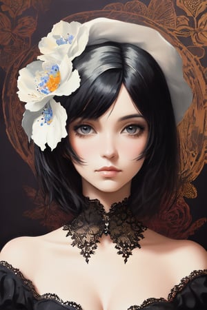a woman, short black hair, shabby chic wallpaper, vintage paper, faded ink splash, flower drawing, whimsical, sharp focus, contour, intricately detailed, unreal engine, fantastical, complementary colors, oil painting, heavy strokes, paint dripping, dreamy, highly realistic, fantasy concept art, 16k resolution, HW*