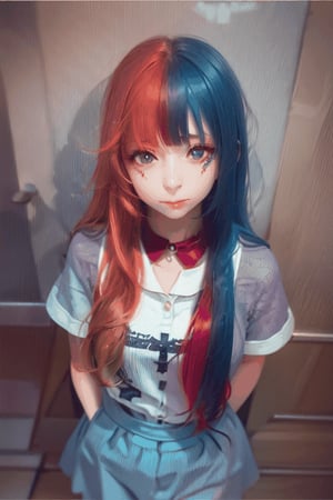 1girl, half colors, red hair, blue hair, open eyes and closed ,Half Color,It is blinking, seven years old and 37 years old time