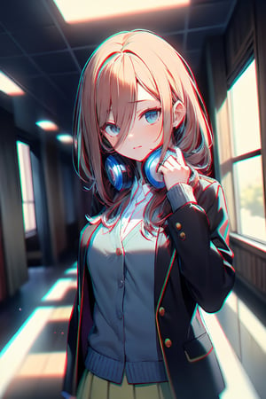 ,`detailed cg, anime picture, shiny hair and skin, chromatic aberration, transparent background, depth of field, colorful ,cinematic light, soft lighting, glowing skin, lighting`,(school uniform + jacket)

nm1, headphones around neck, school uniform, long sleeves, blue cardigan, green skirt, pantyhose, black jacket, open jacket,jack