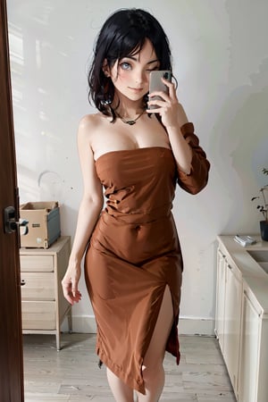 (super detailed), (beautiful background, detailed background),1girl, selfie, breasts, solo, phone, cellphone, holding phone, mirror, long hair, large breasts, holding, reflection, smartphone, jewelry, smile, female pubic hair, pubic hair, necklace, bathroom, black hair, indoors, one eye closed, standing,bzsplit, strapless dress, bare shoulders, light brown dress, side slit,side slit,akatsuki outfit,hinata_boruto