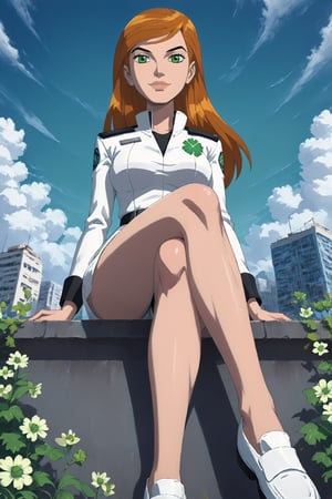 score_9, score_8_up, score_7_up, source_cartoon ,jkj,1girl,Gwenalienforce,green eyes, solo, long hair, orange hair,Black eyebrows, crossed legs,toothy smile 
Break 
City kawaii background, extremely detailed, fine touch:, pov, full body, sky, cloud, flower, glass shoes, clover, flowers, sitting, legs apart.