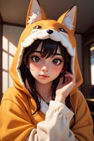 1girl, caucasian, adult, indoors, colorful, cute fox costume, ultra realistic, best quality, ultra detailed, average girl, upper body, closeup,More Detail