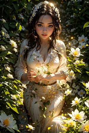 F1/8, distorted perspective. The image features a woman with long black hair and a white flower in her hand. She is wearing a white bra and appears to be holding the flower up to her face, possibly to smell it or use it as a prop. The woman is positioned in such a way that her face is partially hidden, and the flower is the main focus of the scene,fancy light